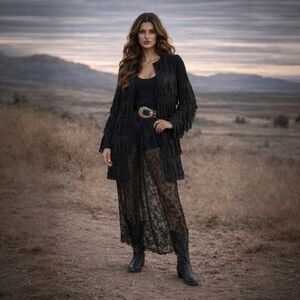 COACHELLA Black Fringe Faux Suede Jacket Cardigan Women Size: S/M